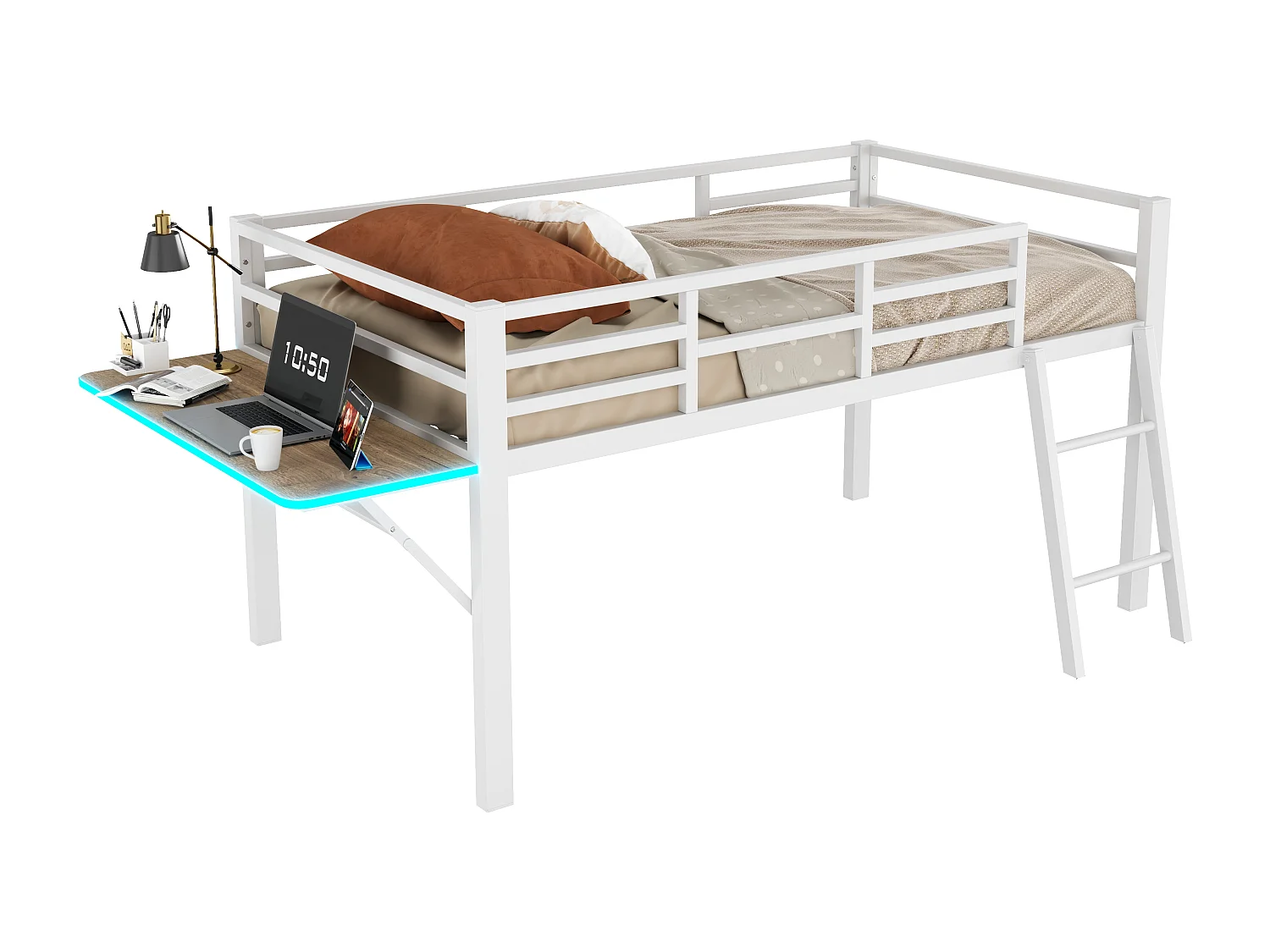 Halfhoog bed 90 x 200 cm met bureau en ladder - Metaal - LED's - Lattenbodem - Wit (Zonder matras)