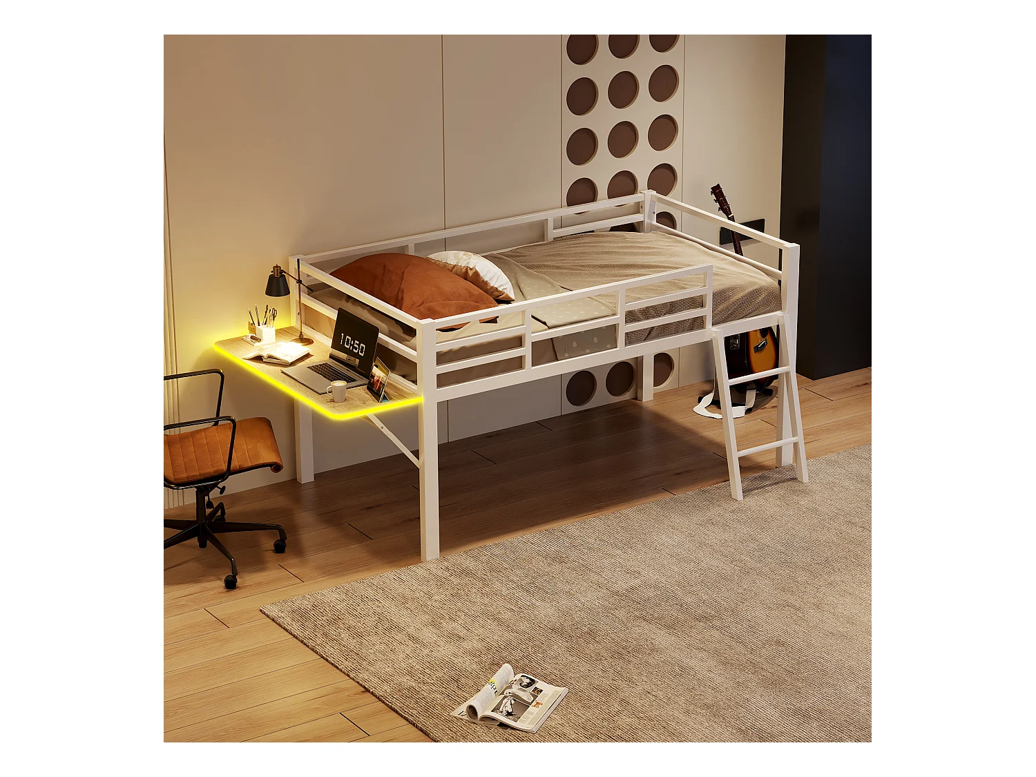 Lit mi-hauteur 90 x 200 cm avec bureau et échelle - Métal - LEDs - Sommier à lattes - Blanc (Sans matelas)