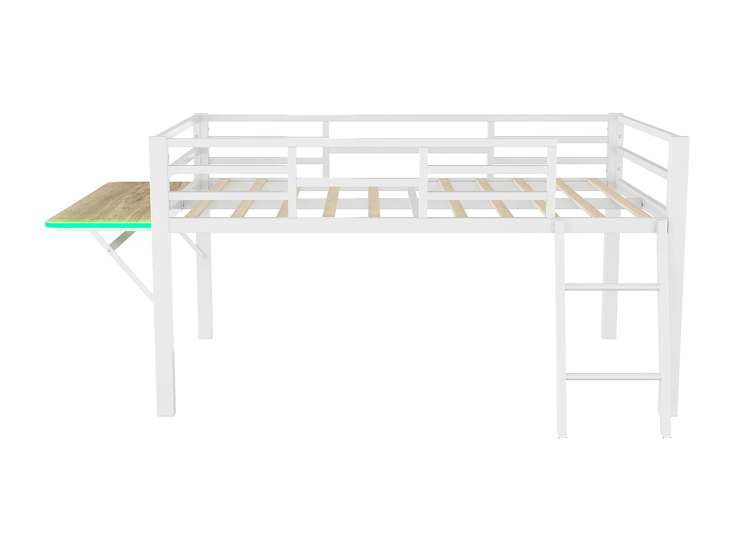 Łóżko średniej wysokości 90 x 200 cm z biurkiem i drabinką - Metal - Diody LED - Stelaż z listew - Biały (Bez materaca)