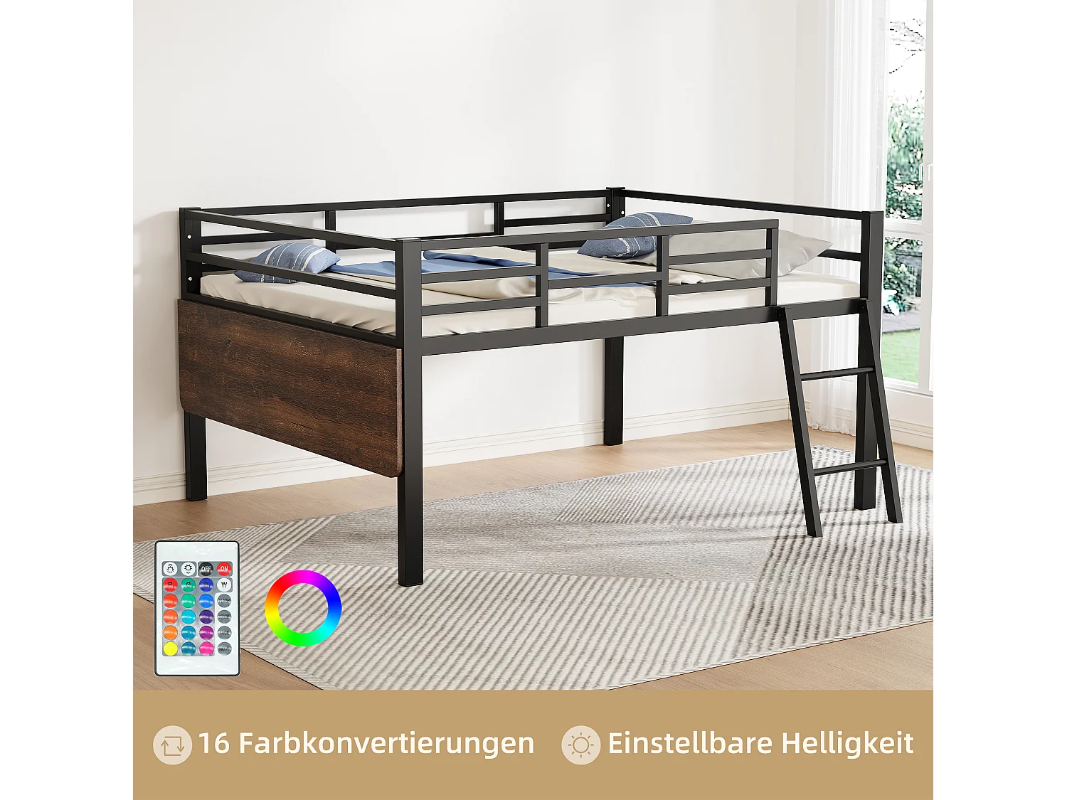 Lit mi-hauteur 140 x 200 cm avec bureau et échelle - Métal - LEDs - Sommier à lattes - Noir (Sans matelas)