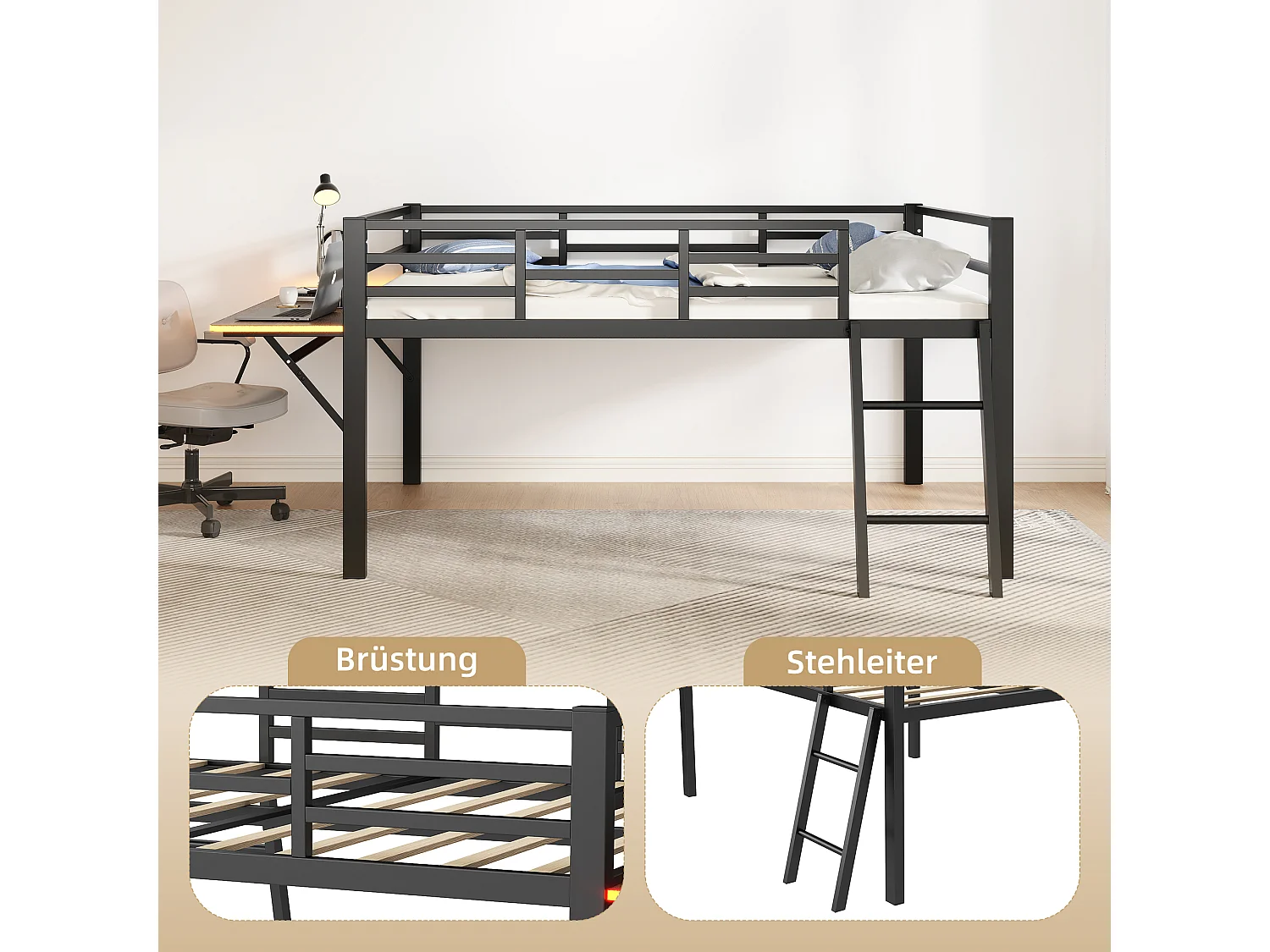 Lit mi-hauteur 140 x 200 cm avec bureau et échelle - Métal - LEDs - Sommier à lattes - Noir (Sans matelas)