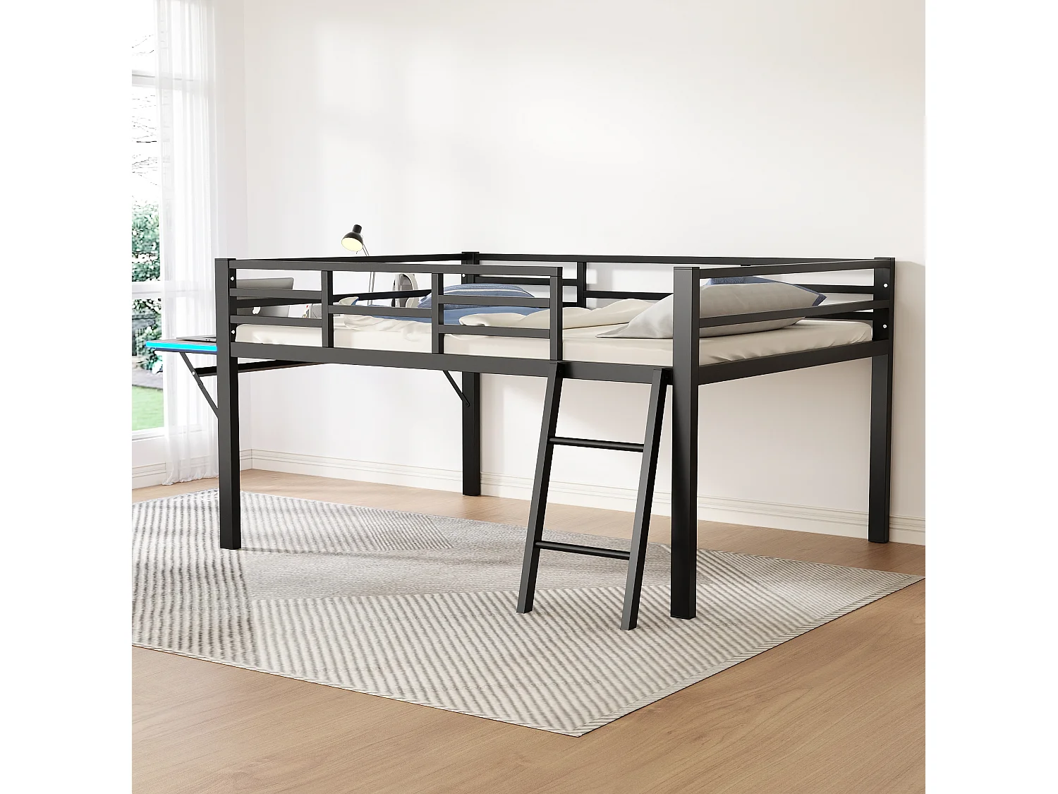 Lit mi-hauteur 140 x 200 cm avec bureau et échelle - Métal - LEDs - Sommier à lattes - Noir (Sans matelas)