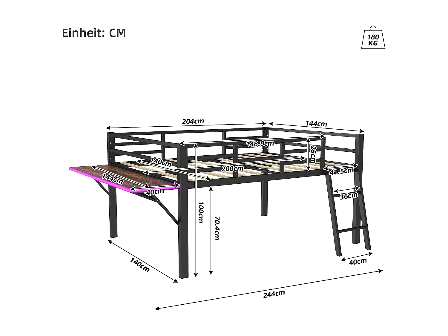 Lit mi-hauteur 140 x 200 cm avec bureau et échelle - Métal - LEDs - Sommier à lattes - Noir (Sans matelas)