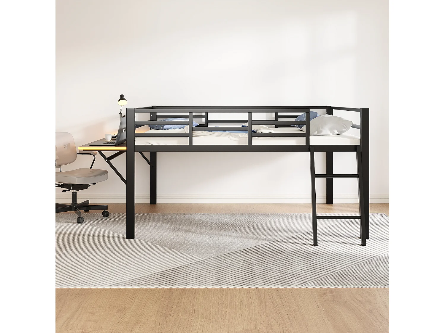 Cama de altura média 140 x 200 cm com secretária e escada - Metal - LEDs - Base de ripas - Preto (Sem colchão)