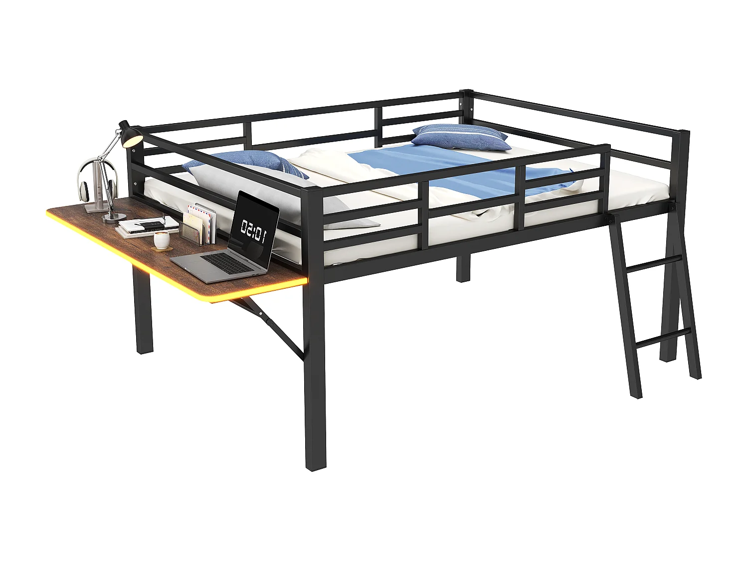 Cama de altura média 140 x 200 cm com secretária e escada - Metal - LEDs - Base de ripas - Preto (Sem colchão)