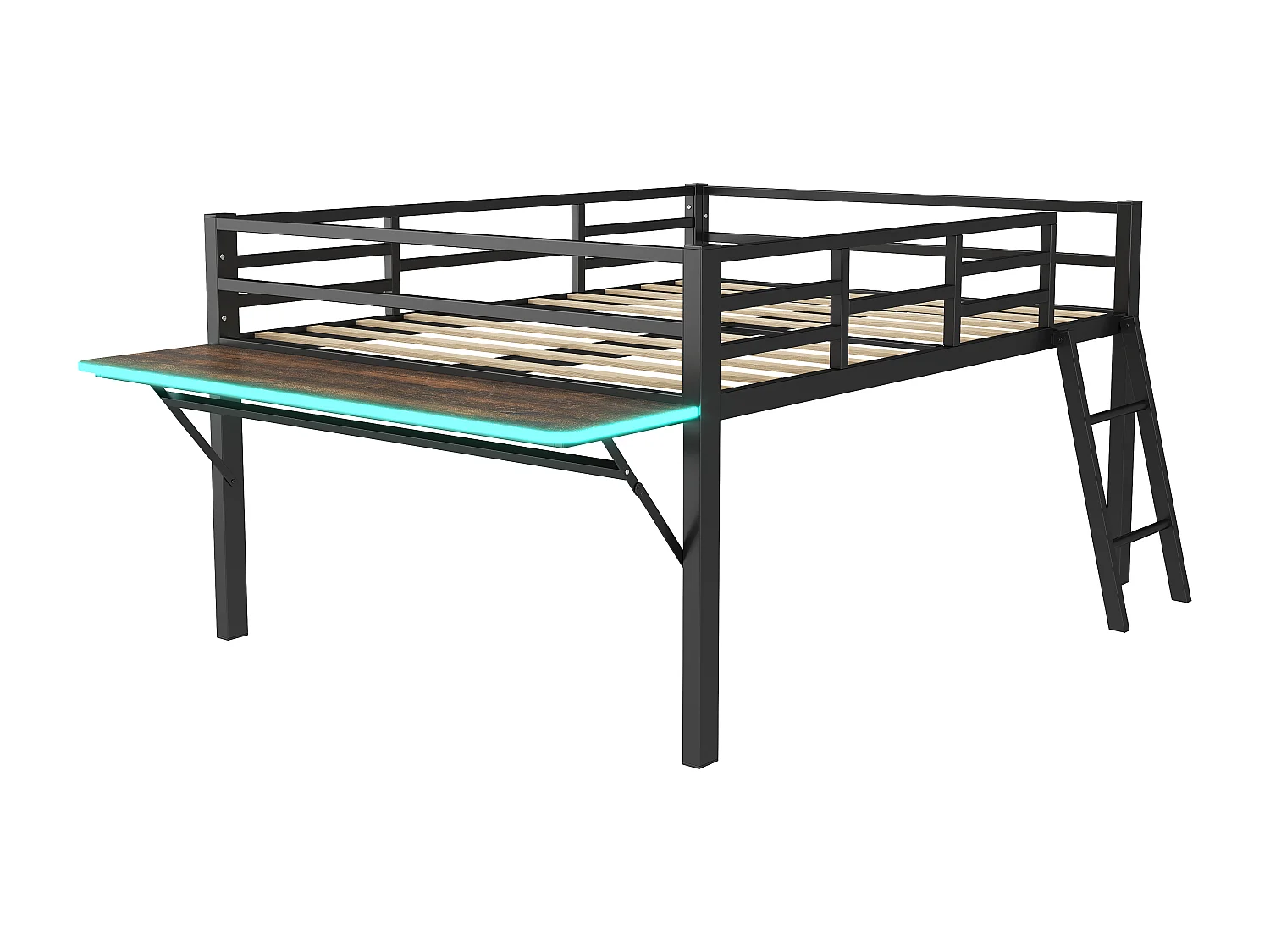 Cama de altura média 140 x 200 cm com secretária e escada - Metal - LEDs - Base de ripas - Preto (Sem colchão)