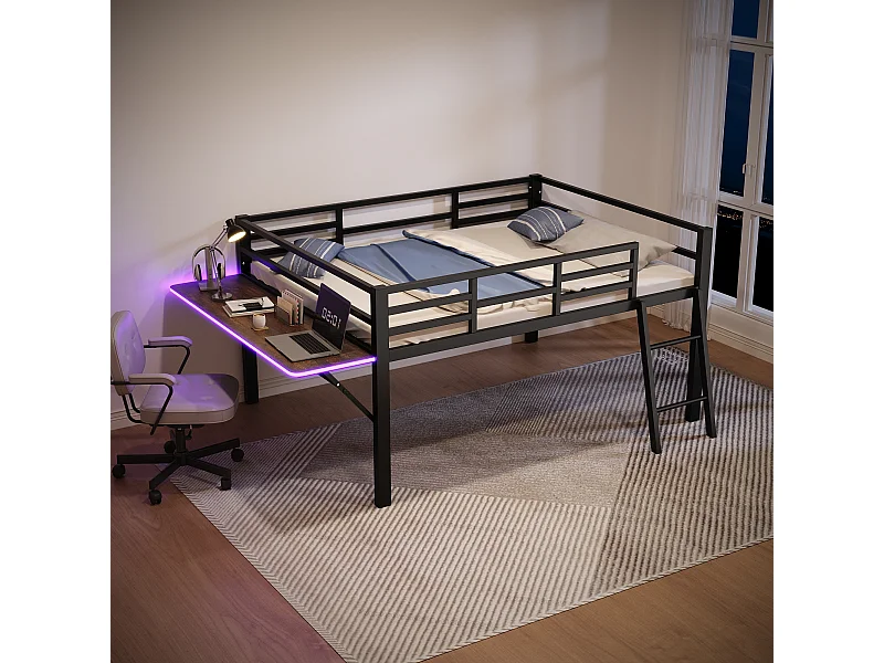 Halfhoog bed 140 x 200 cm met bureau en ladder - Metaal - LED's - Lattenbodem - Zwart (Zonder matras)