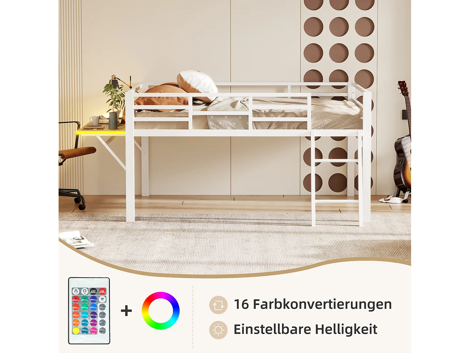 Łóżko średniej wysokości 140 x 200 cm z biurkiem i drabinką - Metal - Diody LED - Stelaż listwowy - Biały (Bez materaca)