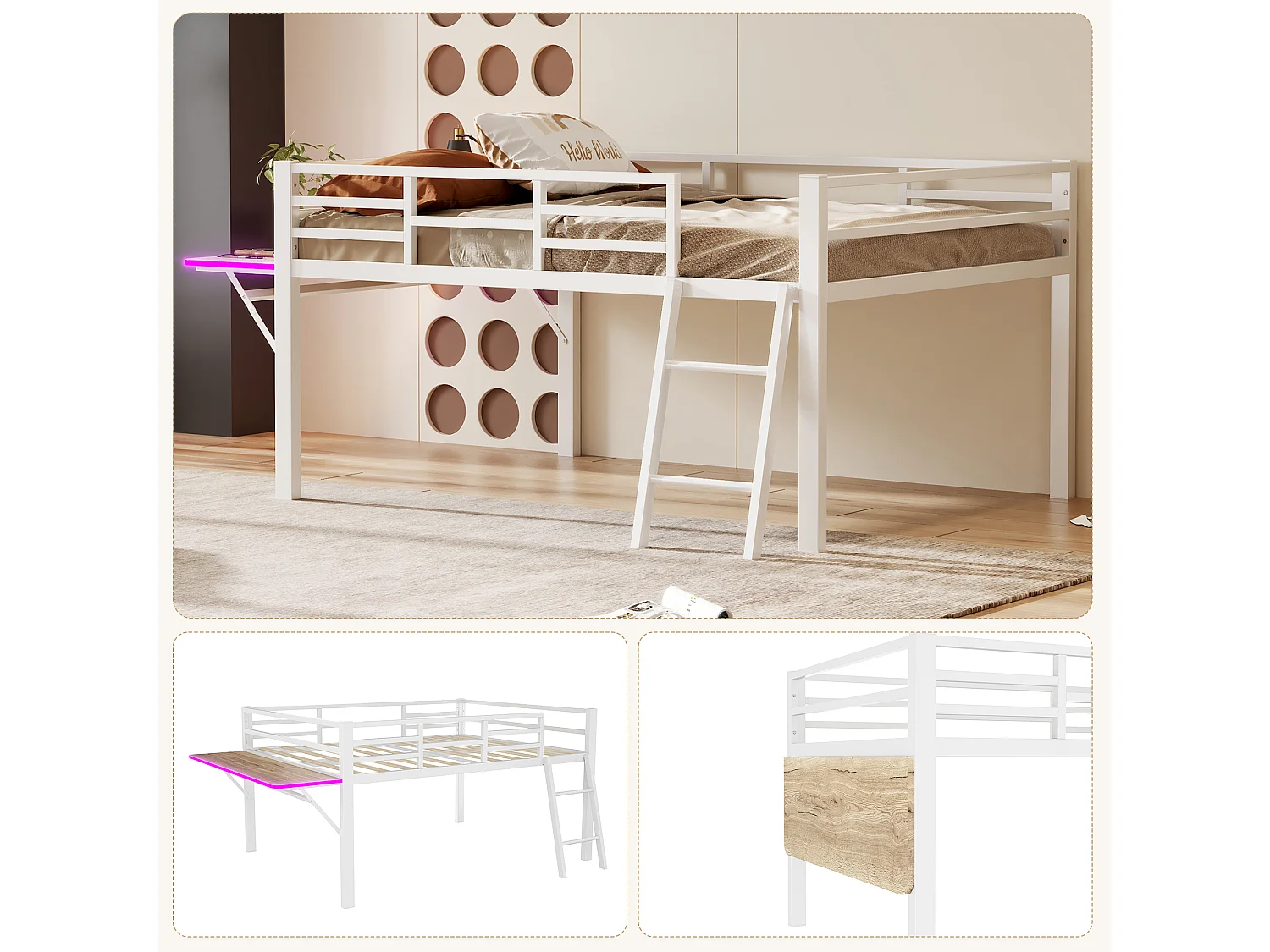 Mittelhohes Bett 140 x 200 cm mit Schreibtisch und Leiter – Metall – LEDs – Lattenrost – Weiß (Ohne Matratze)