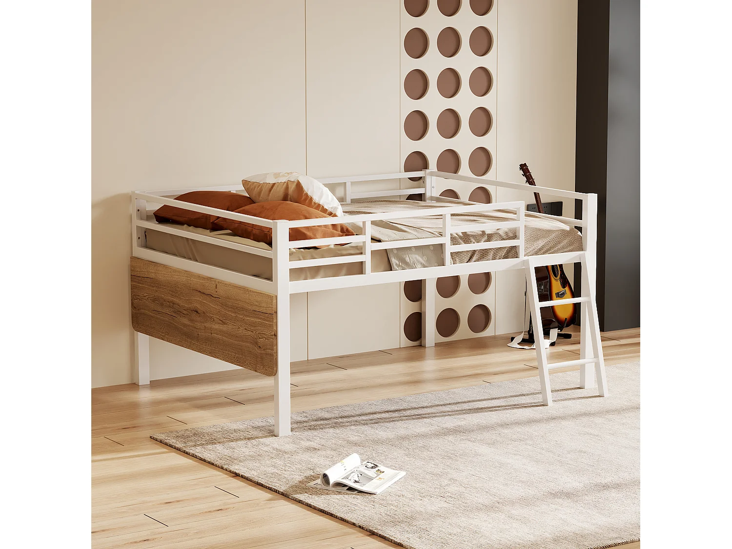 Mittelhohes Bett 140 x 200 cm mit Schreibtisch und Leiter – Metall – LEDs – Lattenrost – Weiß (Ohne Matratze)