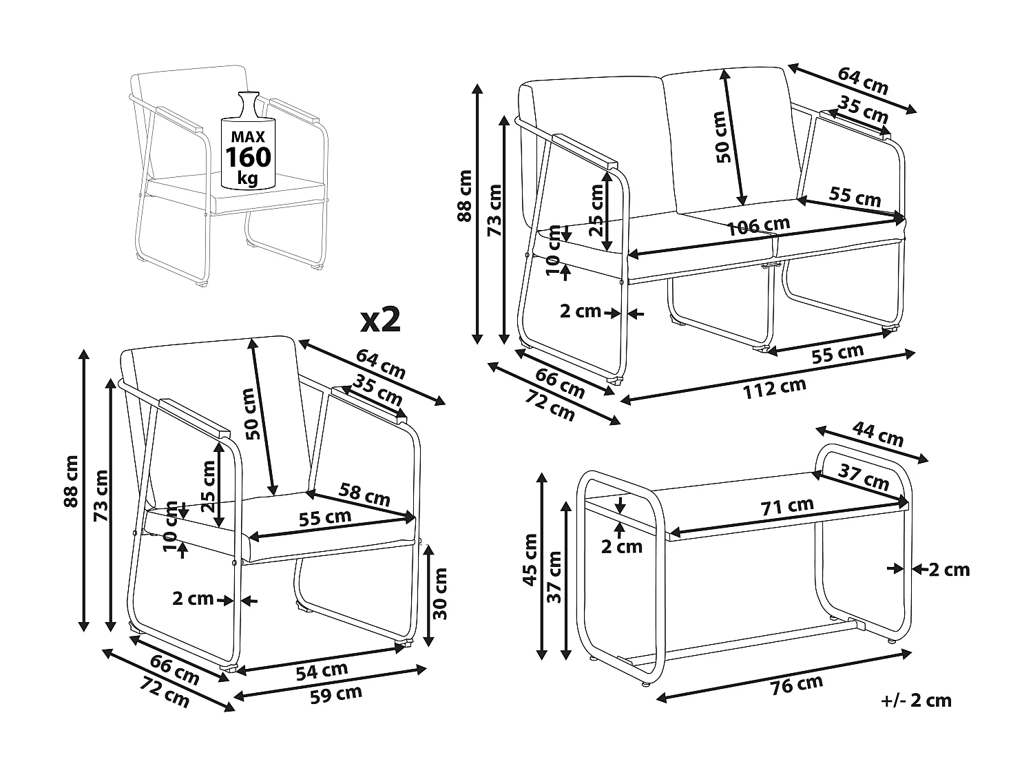 Conjunto de jardim com mesa 4 lugares VEZZANA Metal Creme claro