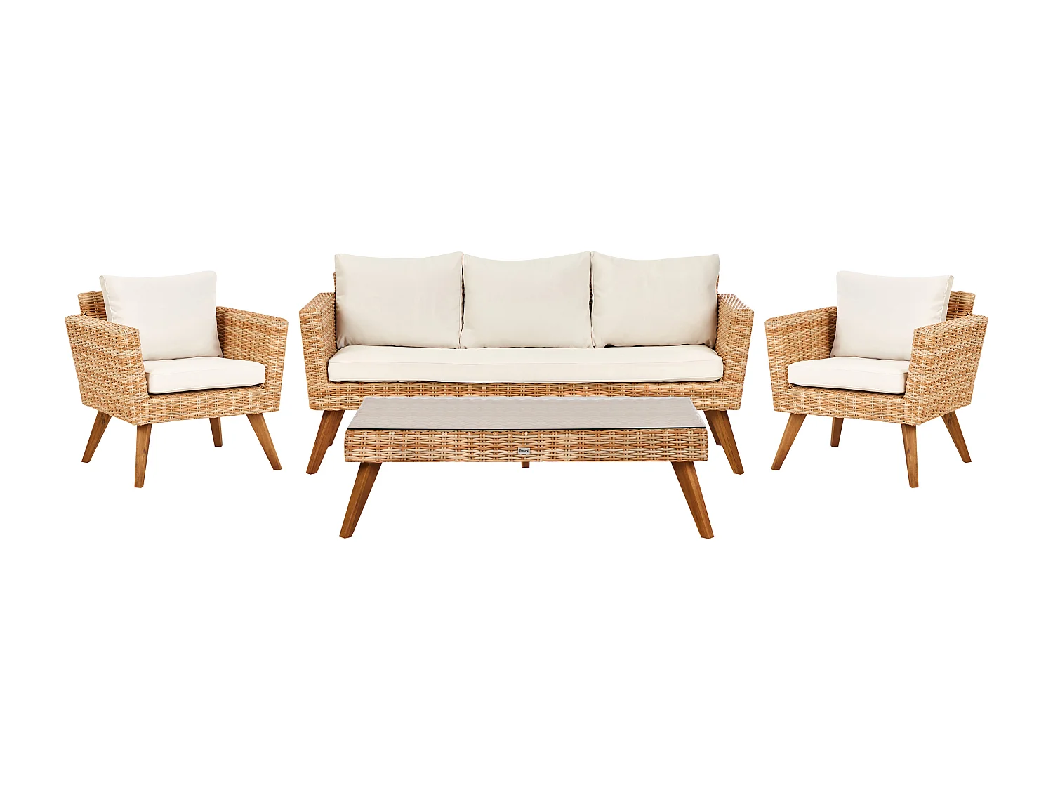 5-Sitzer Lounge Set 4-teilig Rattan hellbraun Auflagen cremeweiß Vittoria XL