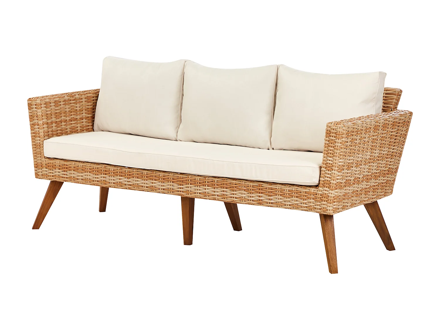 5-Sitzer Lounge Set 4-teilig Rattan hellbraun Auflagen cremeweiß Vittoria XL