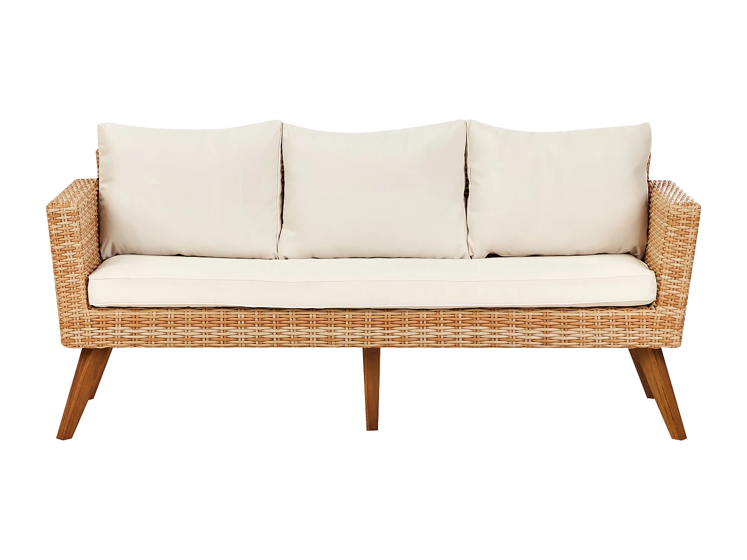 5-Sitzer Lounge Set 4-teilig Rattan hellbraun Auflagen cremeweiß Vittoria XL