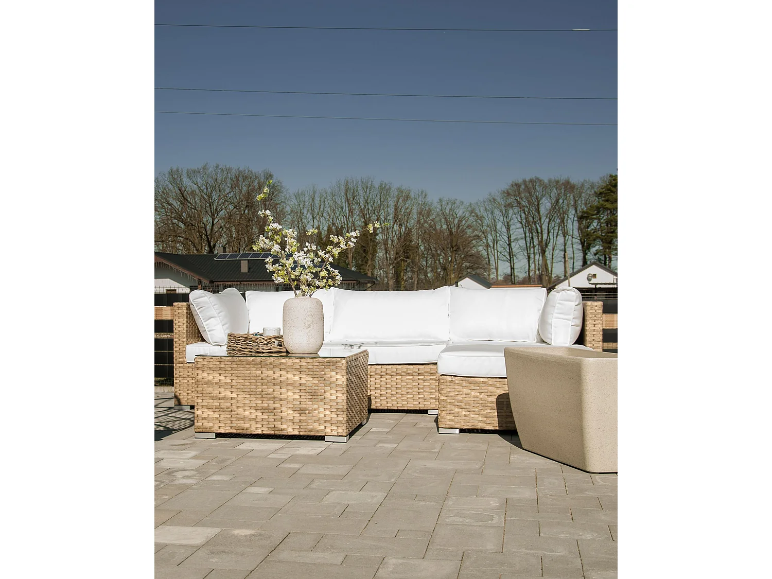 Garten Ecksofa mit Tisch 4-Sitzer SANO linksseitig modular Polyrattan Naturfarben