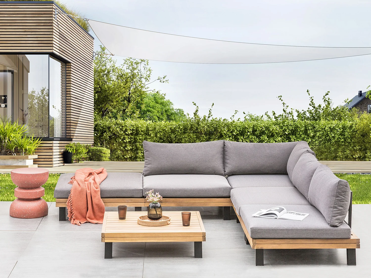 Garten Ecksofa mit Tisch 5-Sitzer FRAZZANO modular zertifiziertes Akazienholz Grau