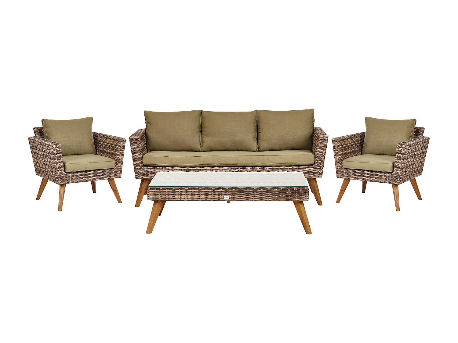 5-Sitzer Lounge Set 4-teilig Rattan dunkelbraun Auflagen olivgrün Vittoria XL