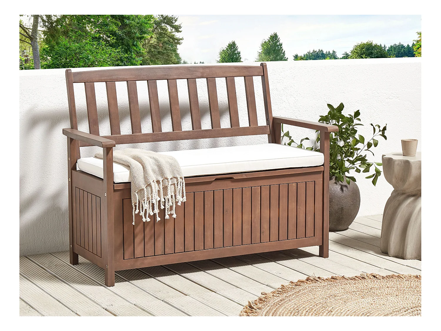 Ławka ogrodowa z poduchą SOVANA 120 cm ze schowkiem Drewno akacjowe Biały