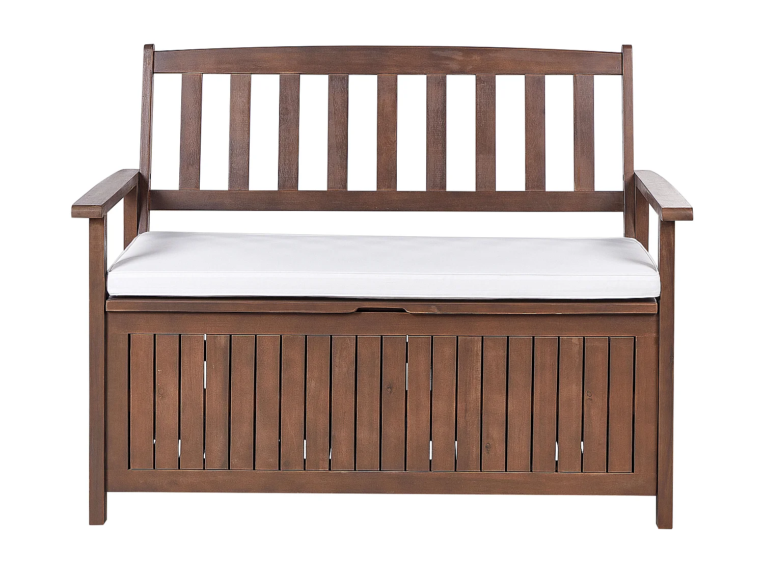 Gartenbank dunkles Akazienholz mit Stauraum Auflage weiß 120cm Sovana