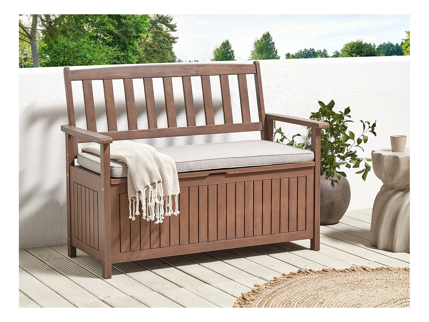 Banc avec coussin d'assise SOVANA 120 cm avec rangement Acacia Gris clair