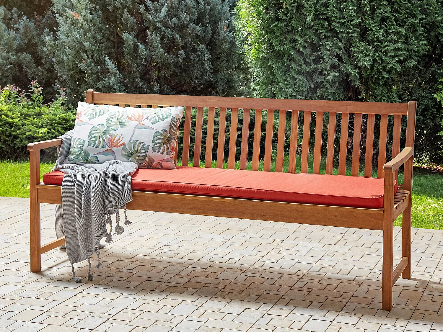 Banc avec coussin d'assise VIVARA 180 cm Bois d'acacia certifié Rouge foncé
