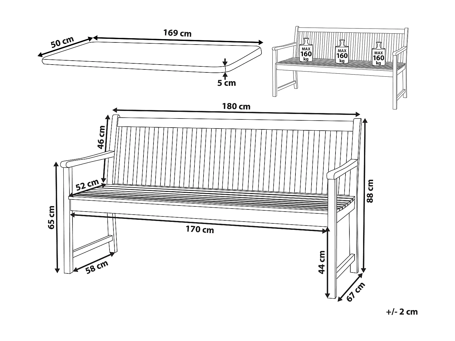 Banc avec coussin d\'assise VIVARA 180 cm Bois d\'acacia certifié Rouge foncé