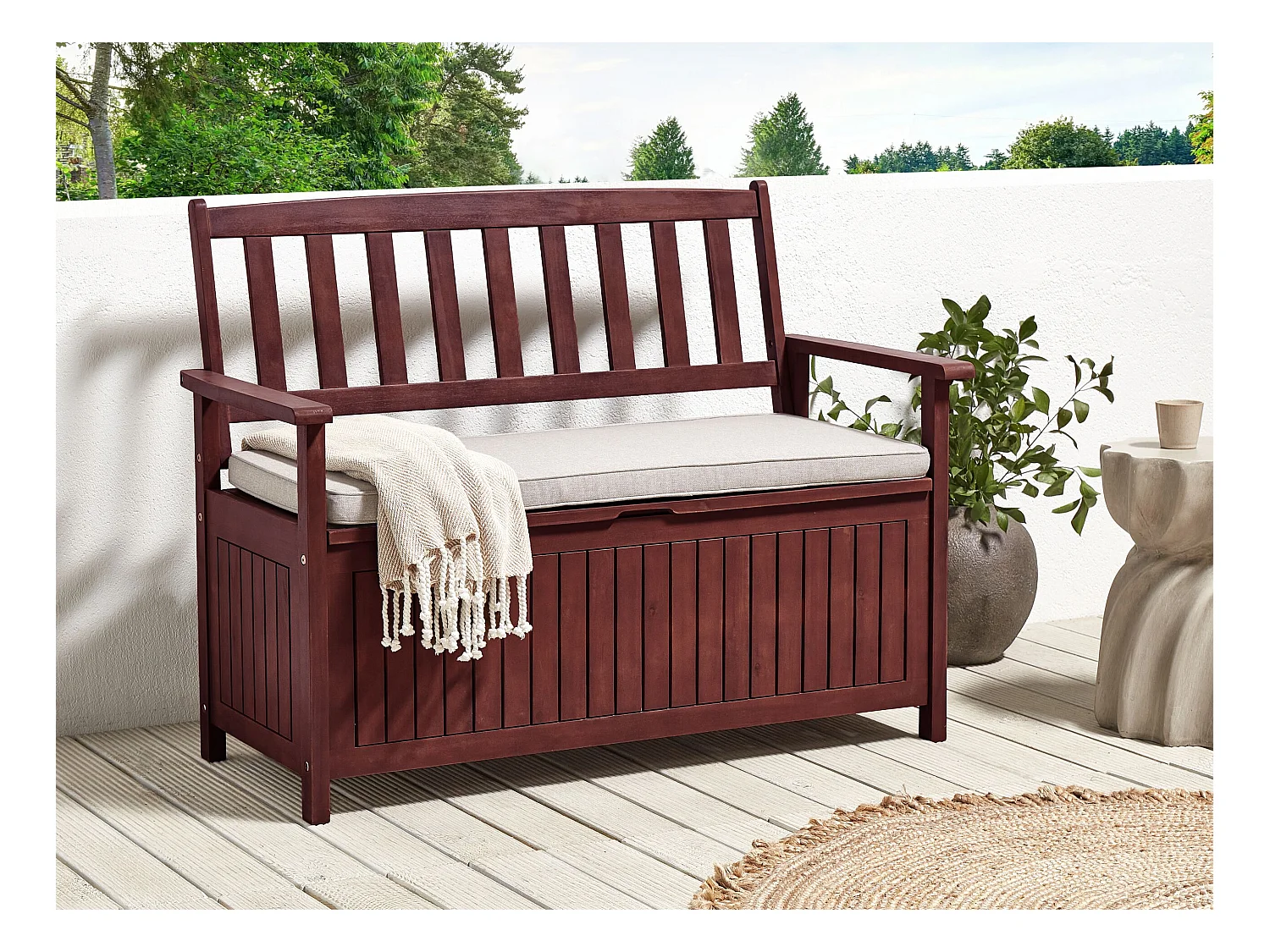 Banc avec coussin d'assise SOVANA 120 cm avec rangement Acacia Gris clair