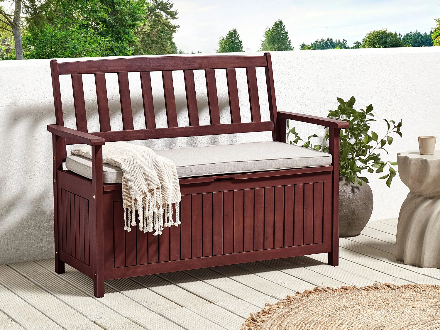 Banc avec coussin d'assise SOVANA 120 cm avec rangement Acacia Gris clair