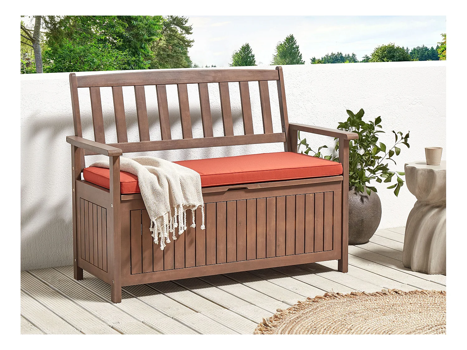 Banc avec coussin d'assise SOVANA 120 cm avec rangement Acacia Rouge
