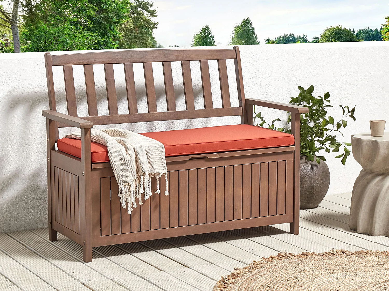 Banc avec coussin d'assise SOVANA 120 cm avec rangement Acacia Rouge