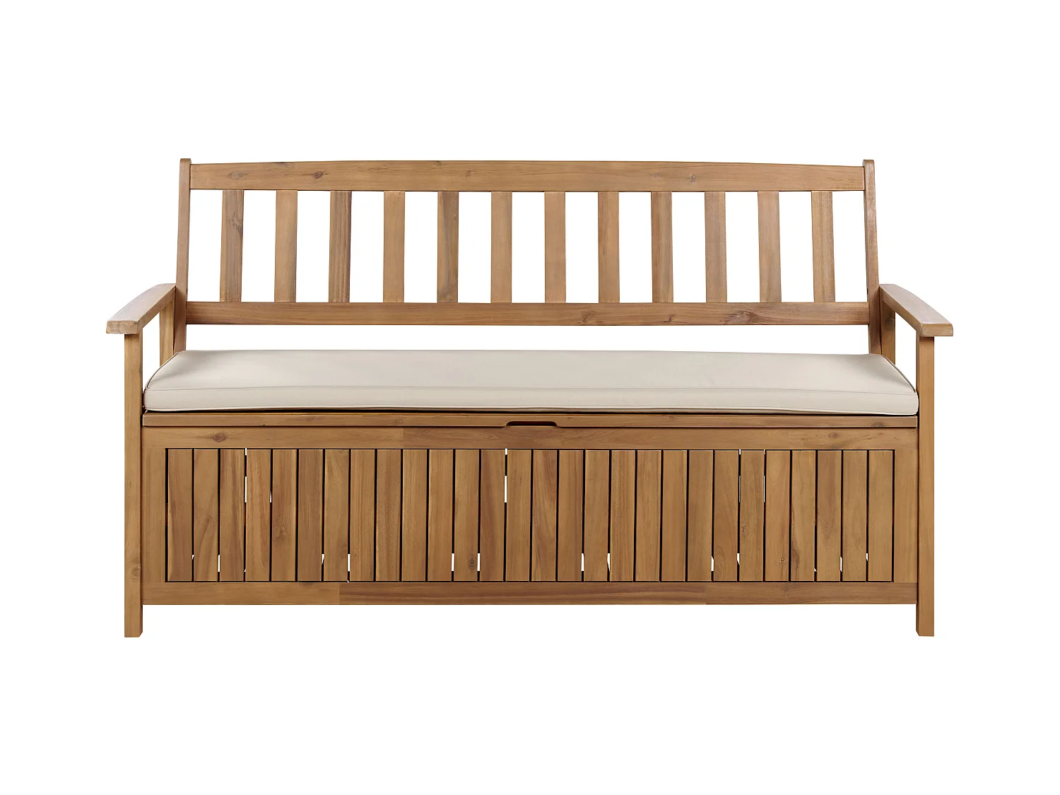 Gartenbank Akazienholz 3-Sitzer mit Stauraum Auflage beige taupe 160cm Sovana