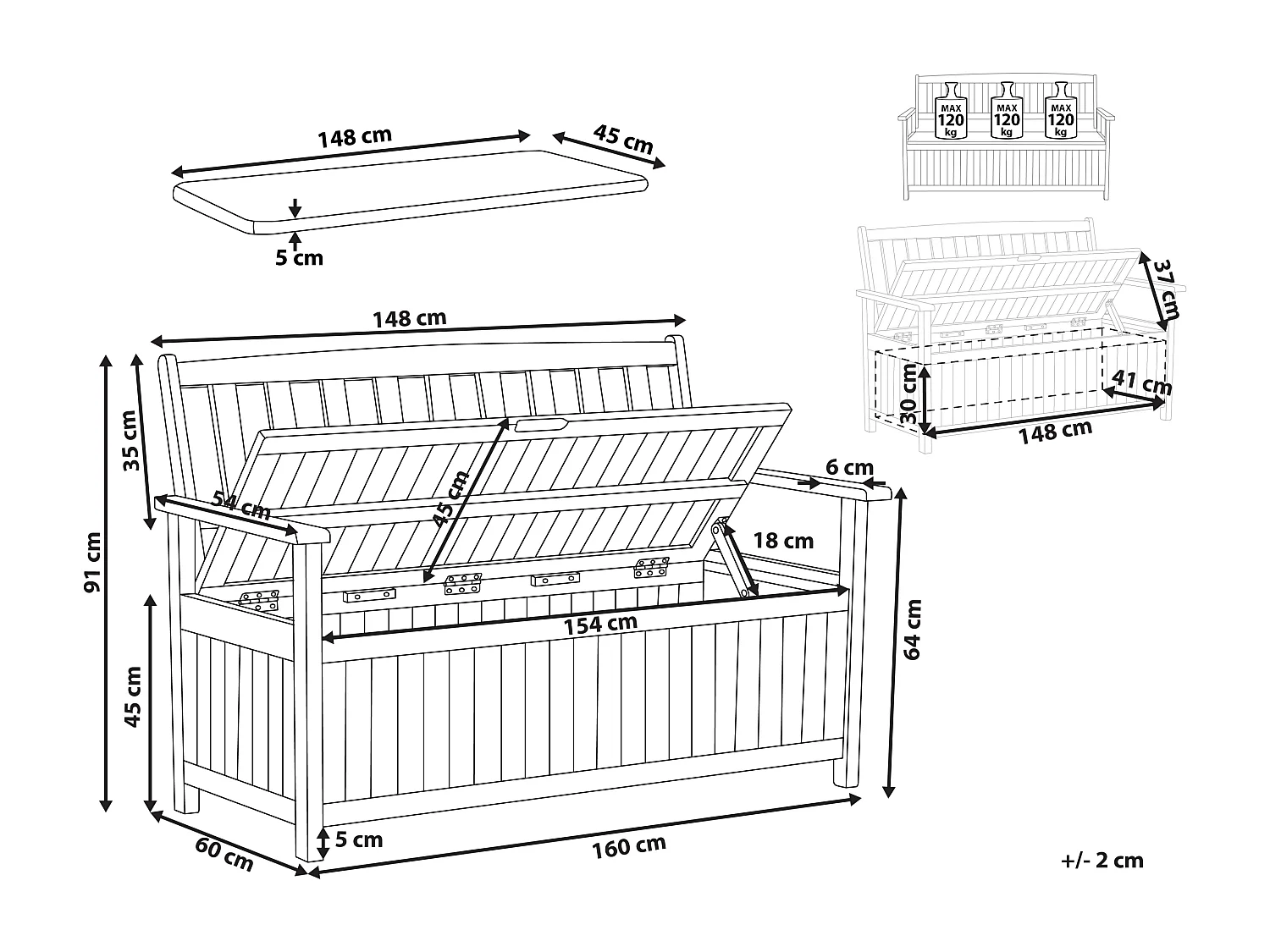 Gartenbank Akazienholz 3-Sitzer mit Stauraum Auflage beige taupe 160cm Sovana