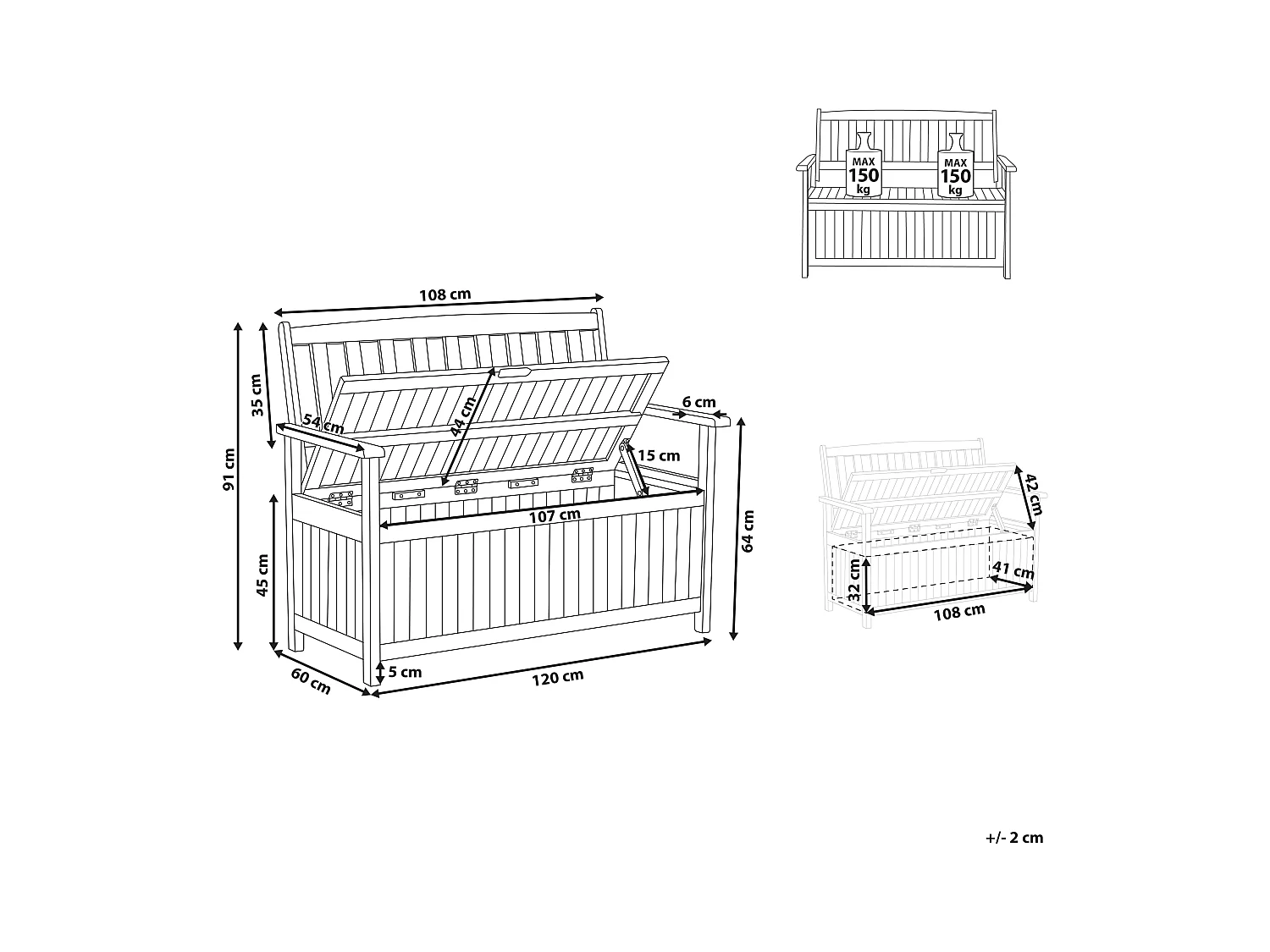 Banc avec coussin d'assise SOVANA 120 cm avec rangement Acacia Rouge