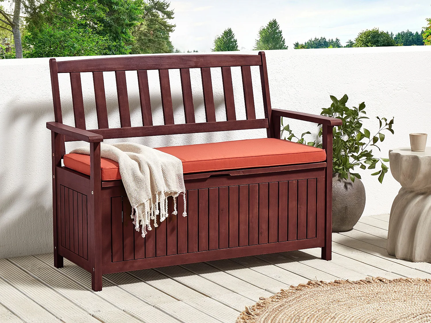 Garden Bench with Cushion SOVANA 120 cm with Storage Acacia Wood Red