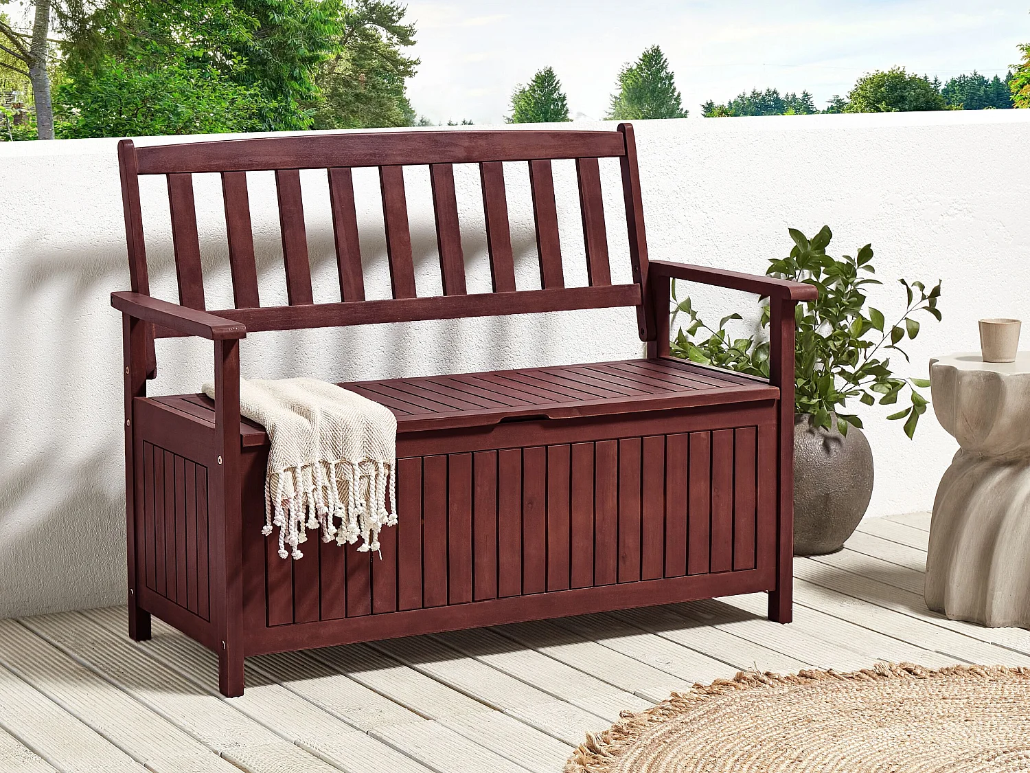 Gartenbank SOVANA 120 cm mit Stauraum Akazienholz Dunkelrot