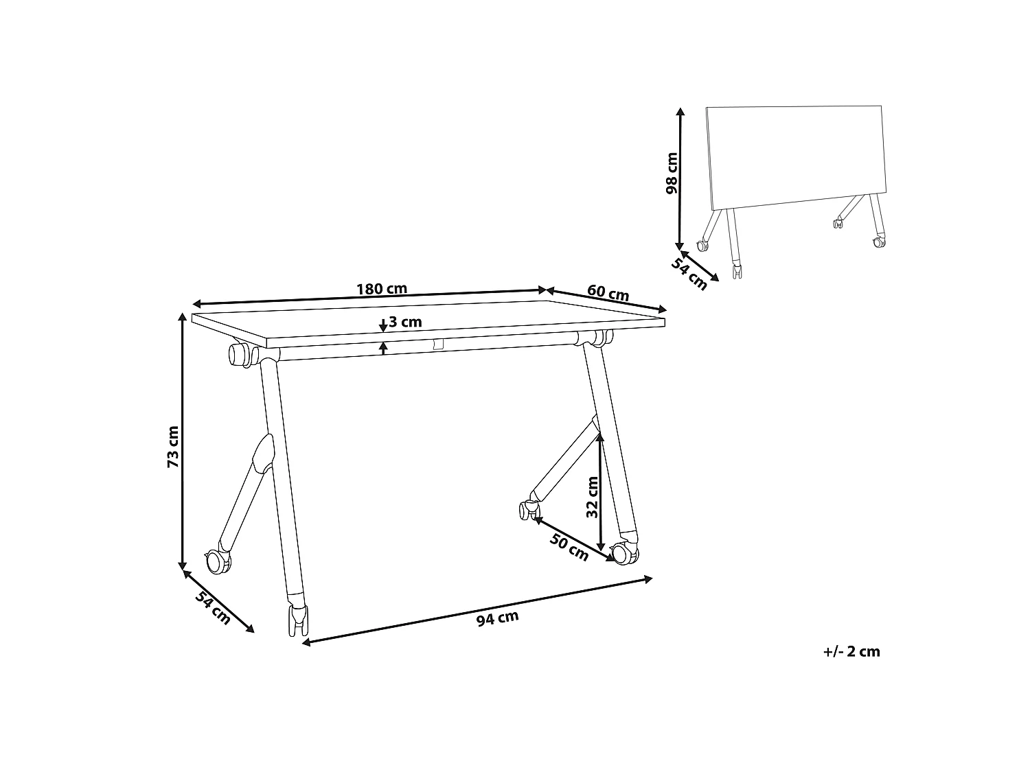 Zusammenklappbarer Schreibtisch BENDI Hellbraun 180 cm 60 cm mit Rädern