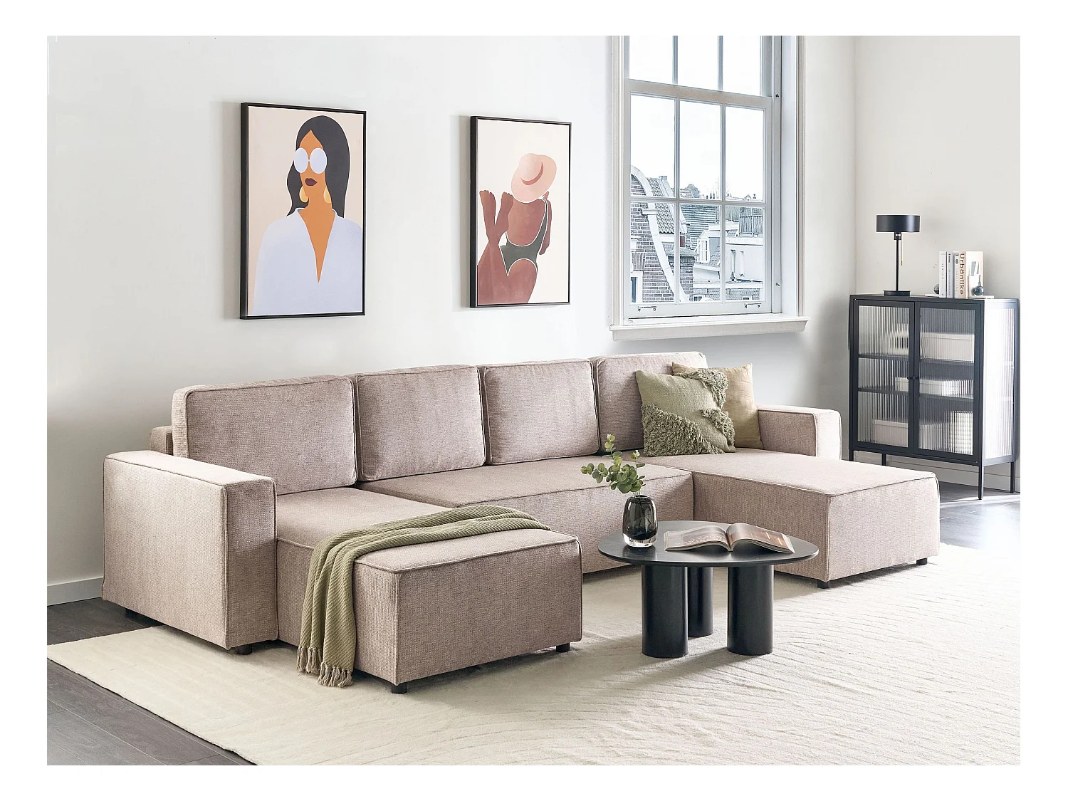 Sofa rozkładana w kształcie U VATNE Jasnobrązowy ze schowkiem dla 4 osób