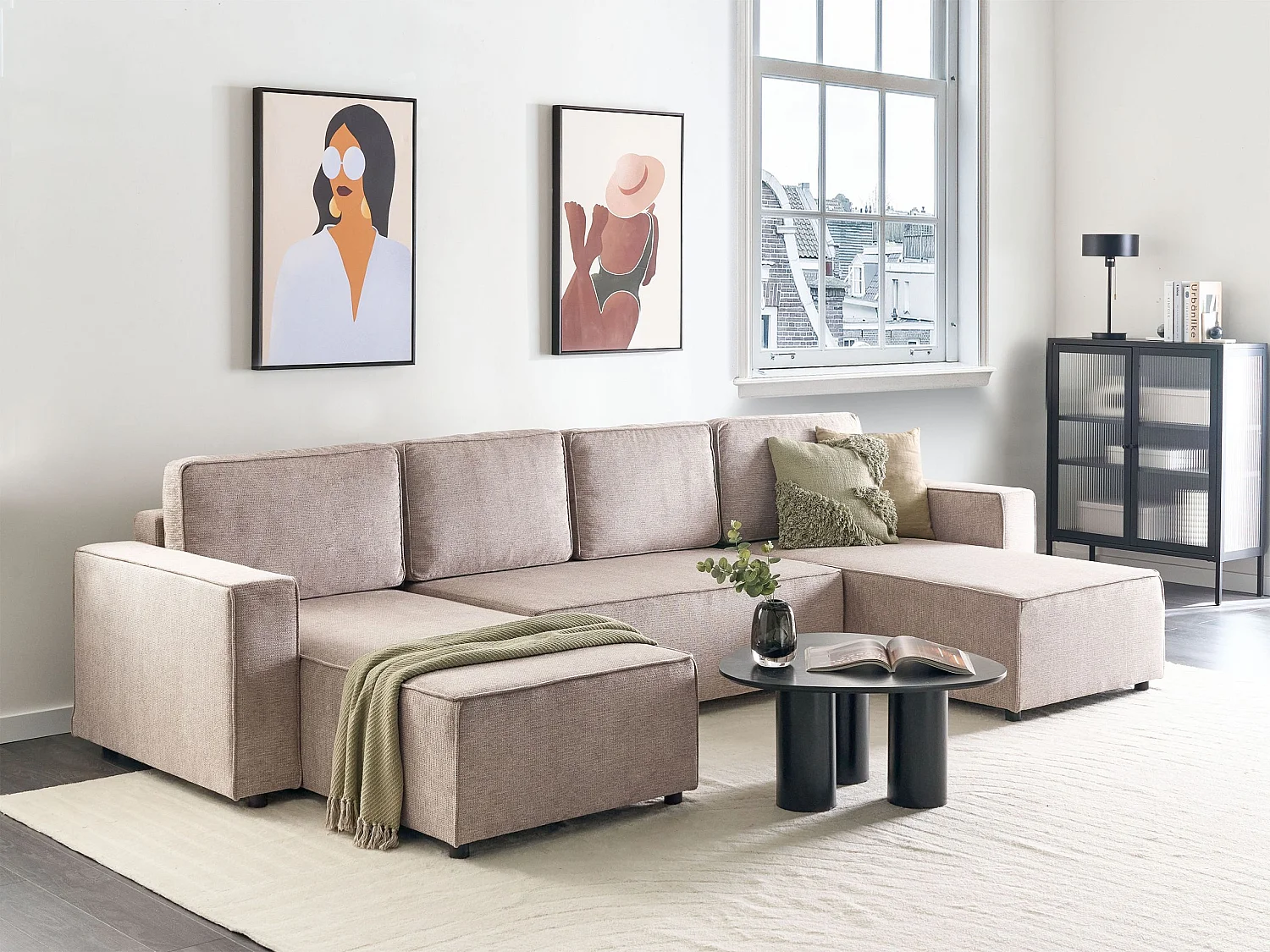 Canapé-lit en forme de U 4 places VATNE Tissu Marron clair avec rangement