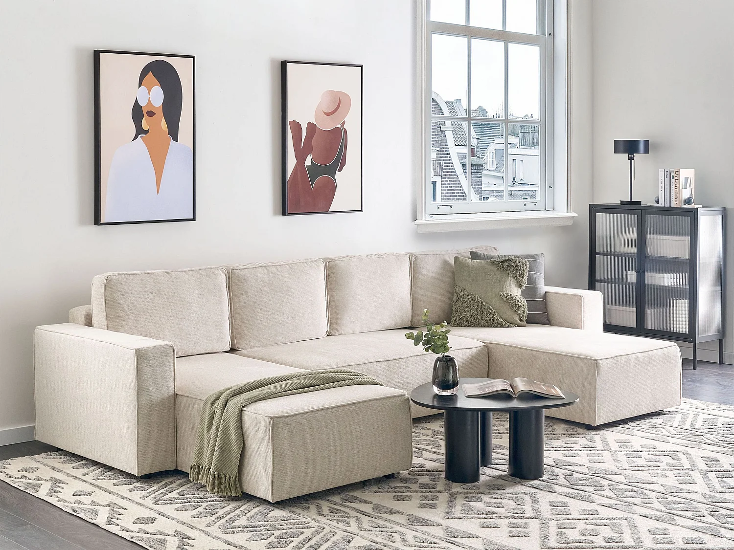 Sofá cama con forma de U VATNE Tela Beige claro con almacenaje 4 plazas