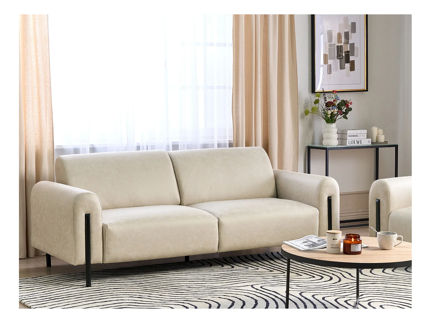 3-Sitzer Sofa Lederoptik beige verstellbare Rückenlehne Metallfüße schwarz Askim