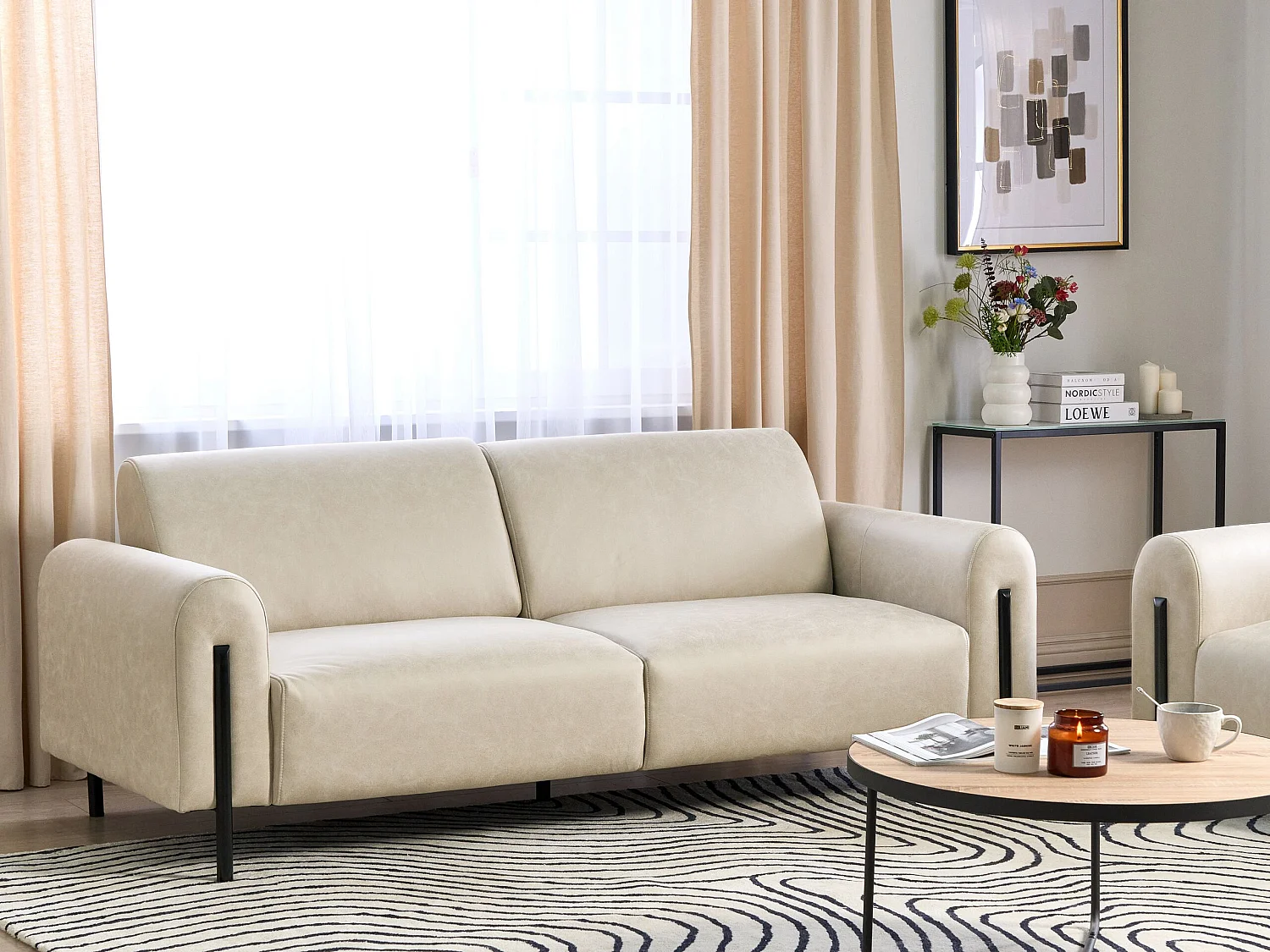 3-Sitzer Sofa Lederoptik beige verstellbare Rückenlehne Metallfüße schwarz Askim