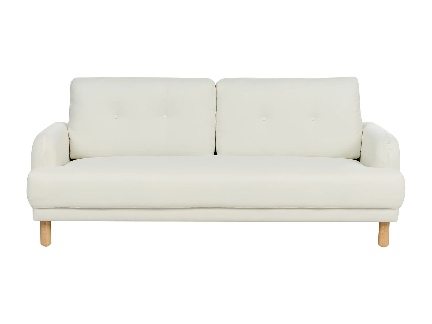 3-Sitzer Sofa Stoff weiß mit hohen Holzbeinen Armlehnen Knöpfe Retro Stil Tuve