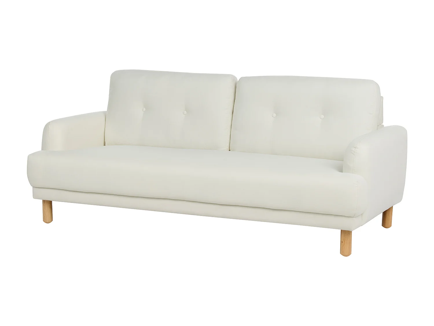 3-Sitzer Sofa Stoff weiß mit hohen Holzbeinen Armlehnen Knöpfe Retro Stil Tuve