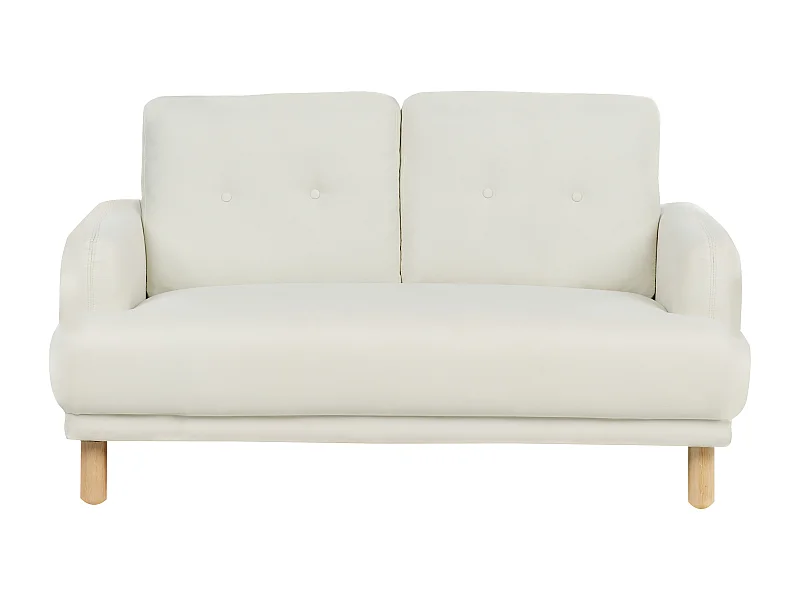 2-Sitzer Sofa Stoff weiß mit hohen Holzbeinen Armlehnen Knöpfe Retro Stil Tuve