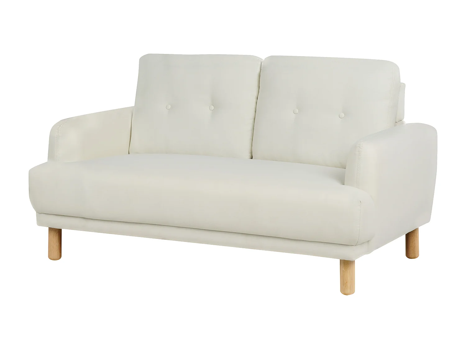 2-Sitzer Sofa Stoff weiß mit hohen Holzbeinen Armlehnen Knöpfe Retro Stil Tuve