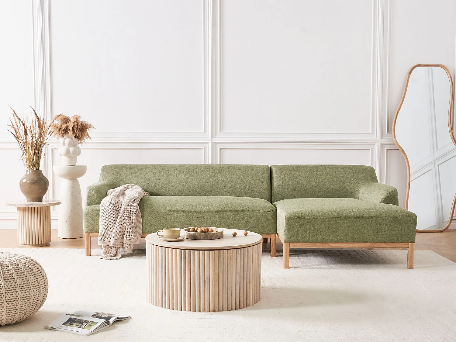 Canapé d'Angle à droite Pieds en Bois Meuble Coin de Salon en Tissu Polyester Vert Olive Sosjo