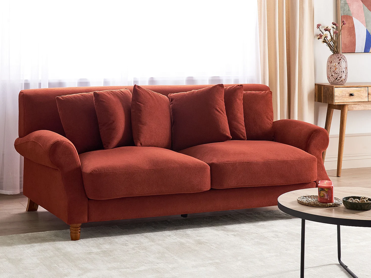 2-Sitzer Sofa Stoffbezug rot mit mehreren Kissen Polstersofa Retro-Stil Eike