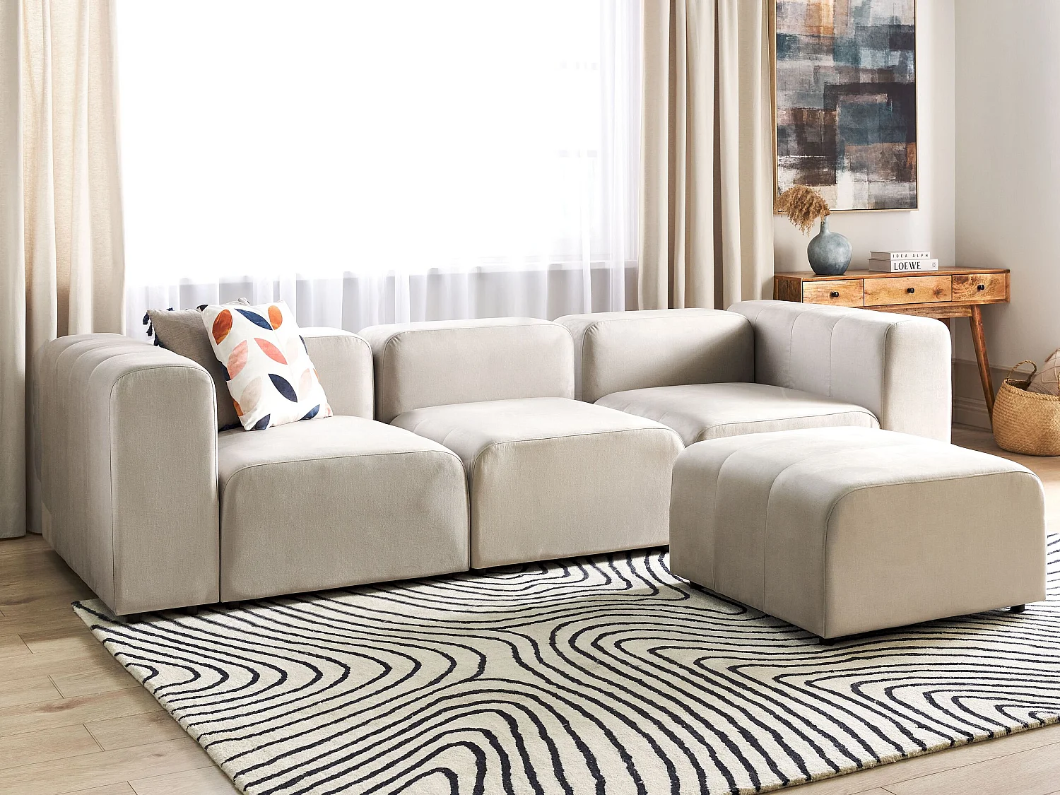 Canapé modulable 3 places FALSTERBO Velours Beige avec ottoman