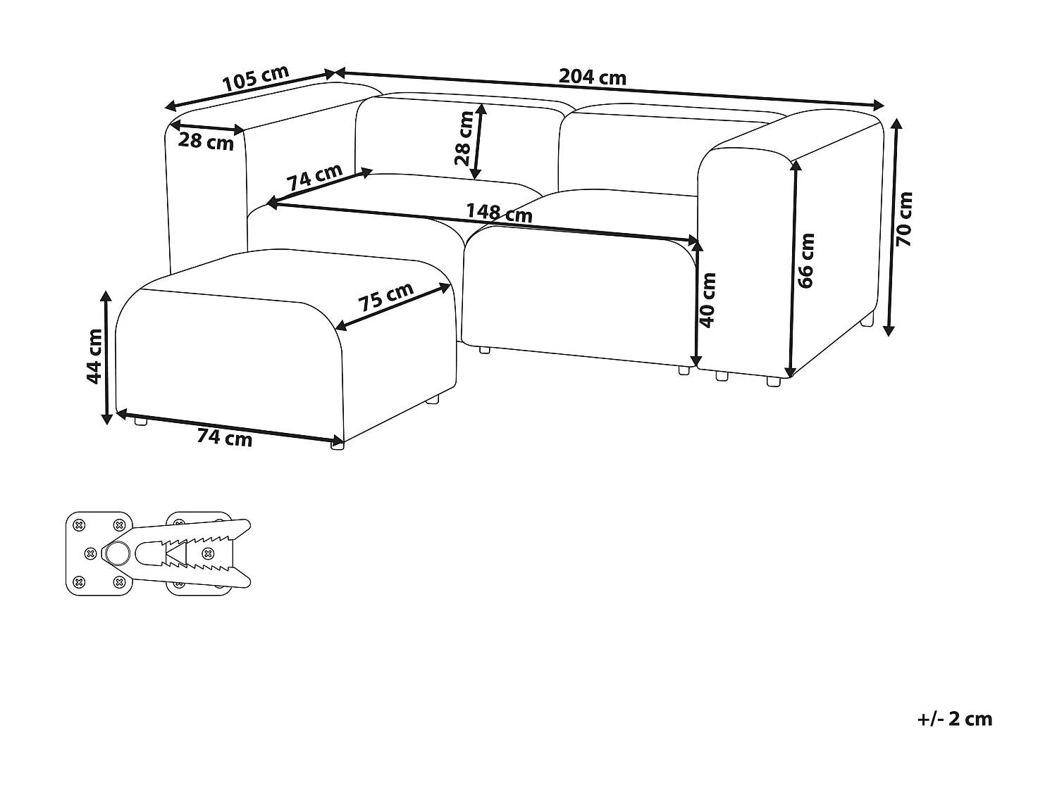Canapé modulable 2 places FALSTERBO Velours Beige avec ottoman