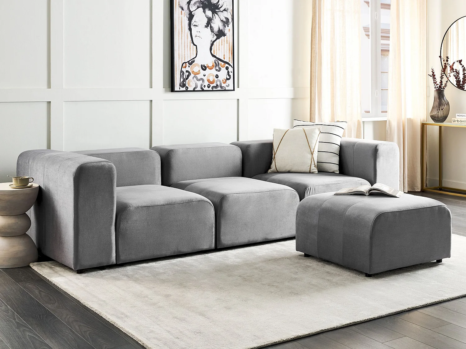 Canapé modulable 3 places FALSTERBO Velours Gris avec ottoman